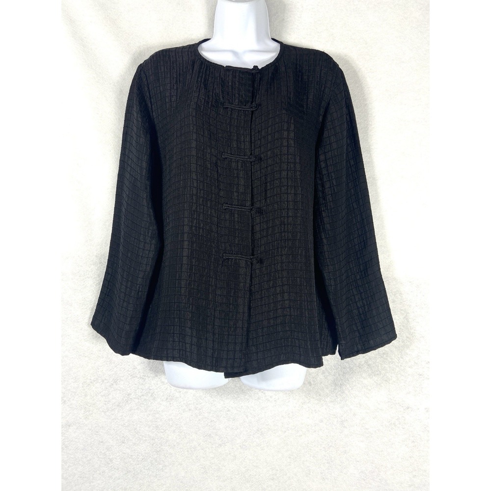 Eileen Fisher Top Women's Medium Black Mandarin Oriental Blouse Silk Linen Blend